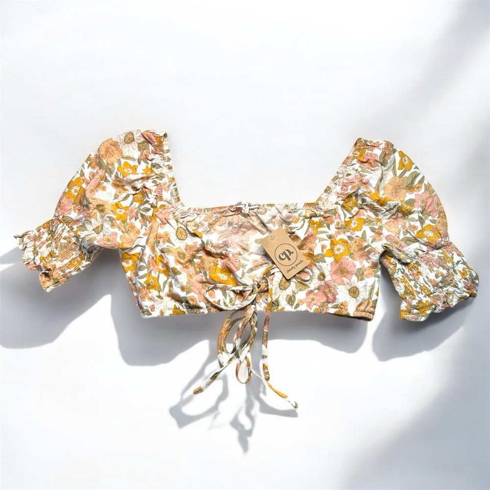 Bailey Rose Isabella Ivory Floral Crop Top Puff Sleeve Tie Front Retro Boho M